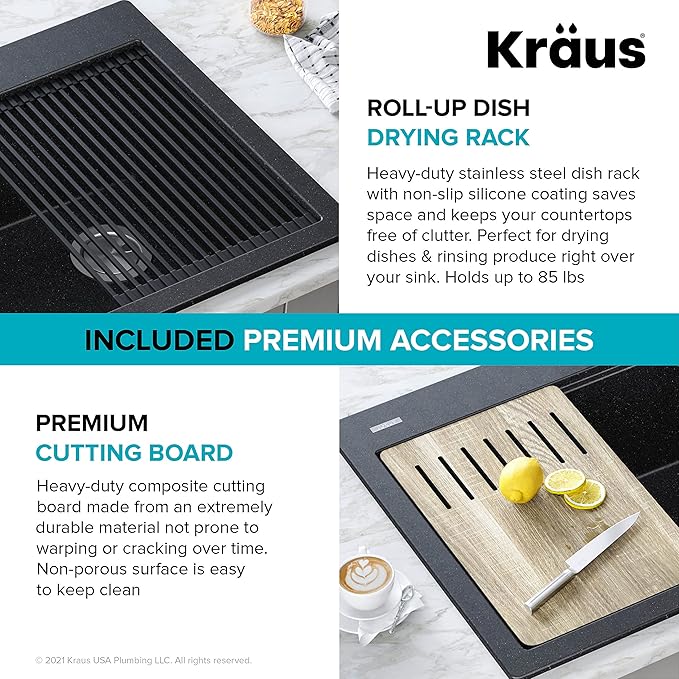 KRAUS Bellucci Workstation 33" Single Bowl Granite Kitchen Sink in Metallic Black w/Accessories, KGTW2-33MBL, Includes Dish Drainer/Dish Drying Rack