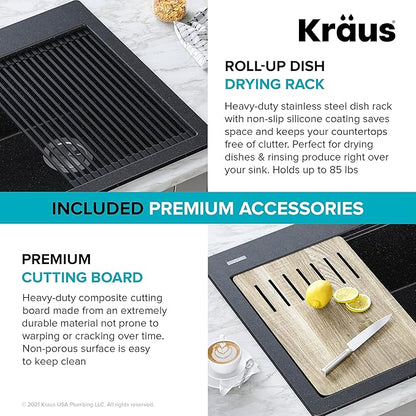 KRAUS Bellucci Workstation 33" Single Bowl Granite Kitchen Sink in Metallic Black w/Accessories, KGTW2-33MBL, Includes Dish Drainer/Dish Drying Rack