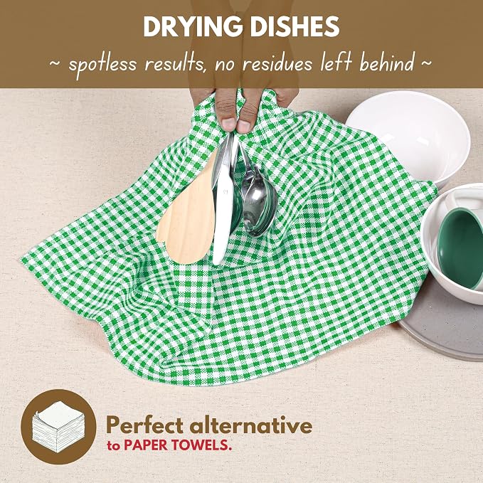 Native Fab Set of 12 Gingham Mini Check Kitchen Towels 16"x26" - Image 3
