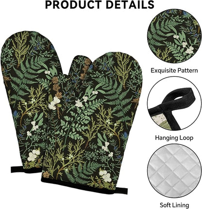 Botanical Print Floral Oven Mitts and Pot Holders Sets Black Sage Green Leaves - Image 3