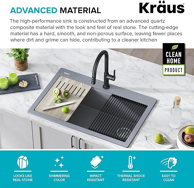 KRAUS Bellucci Workstation 33 in. Drop In Single Bowl Granite Kitchen Sink in Metallic Gray with Accessories, KGTW2-33MGR