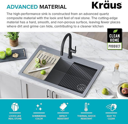 KRAUS Bellucci Workstation 33 in. Drop In Single Bowl Granite Kitchen Sink in Metallic Gray with Accessories, KGTW2-33MGR