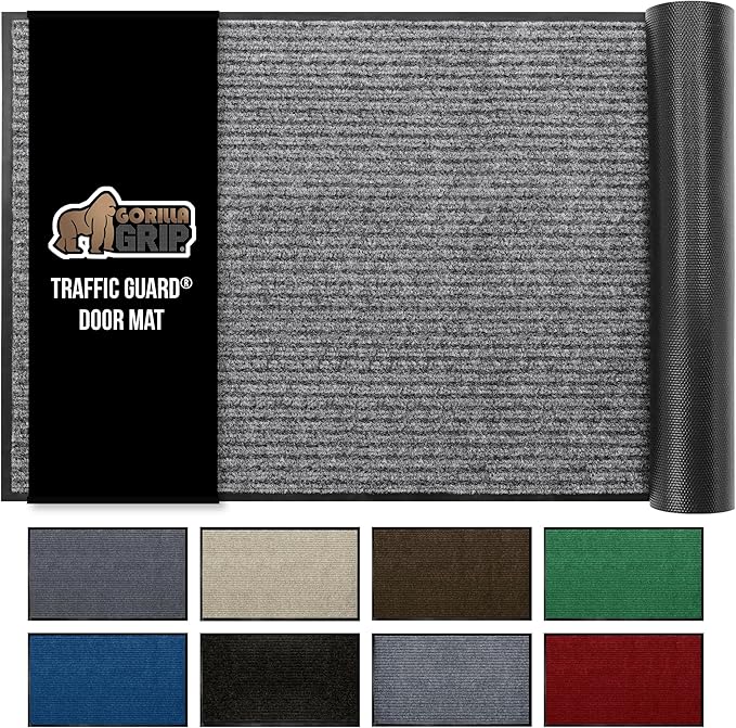 GORILLA GRIP Traffic Guard Door Mat, 72x48, Heavy Duty Welcome Mats, Commercial Office Space Doormat, Waterproof, Fade Resistant, Strong Rubber Backing, Low Profile, Shoe and Boot Scraper, Light Gray