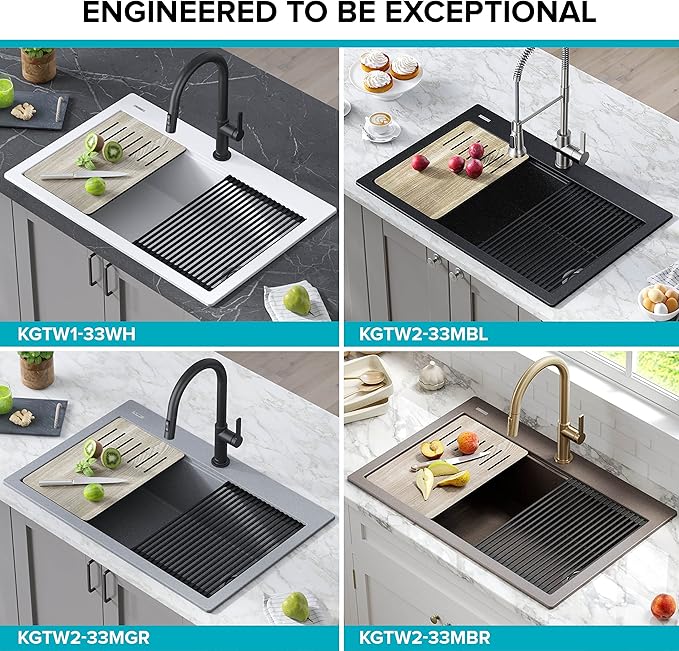 KRAUS Bellucci Workstation 33" Single Bowl Granite Kitchen Sink in Metallic Black w/Accessories, KGTW2-33MBL, Includes Dish Drainer/Dish Drying Rack