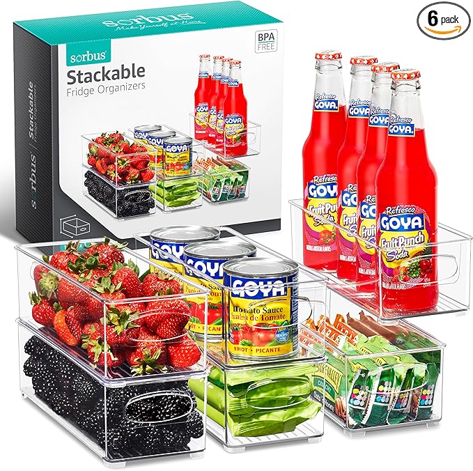 Sorbus Stackable Refrigerator Organizer Bins - Clear Storage Bins for Kitchen Pantry, Freezer & Fridge Organization - Food Organizing Plastic Containers with Handles for Countertops & Drawers (6 Pack)