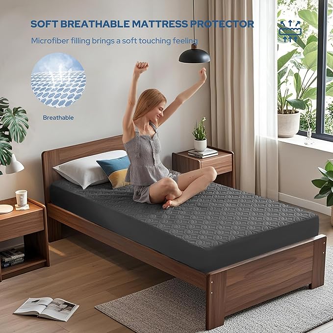 BEDLORE Waterproof Mattress Protector, Twin Size Mattress Pad with Deep Pocket 6"-15" Depth, Soft Breathable Dirt-Proof Single Bed Mattress Cover for Bedroom, Dorm Room (Gray)