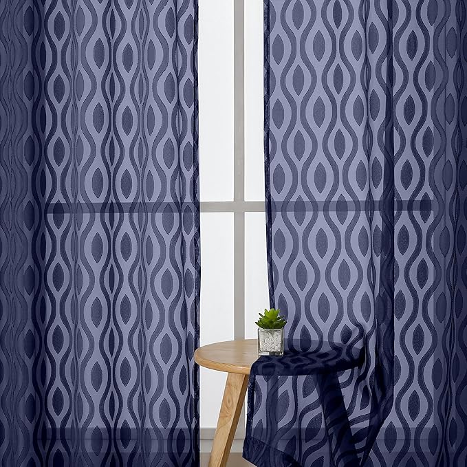 Aiyufeng Blue Valances for Windows, Chic Wavy Line Clip Jacquard Voile Sheer Small Window Curtain for Basement Small Curtains, Lightweight Rod Pocket Short Curtains for Windows, 2 PCS, 40Wx14L Inches