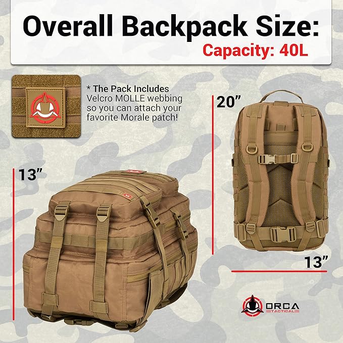 Backpack 40L Large Military 1 to 3 Day Molle Assault Pack Rucksack Army Bag