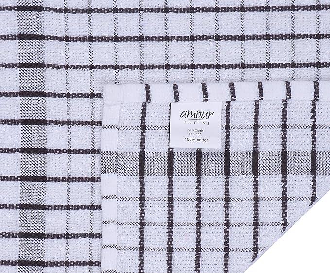 AMOUR INFINI Kitchen Dish Cloths Set of 8 - Ultra Soft, Highly Absorbent, Quick-Drying Terry Cotton Dishcloths 12"x12" Inch Wash & Cleaning Cloths for Kitchen & Dishwashing (D.Grey)