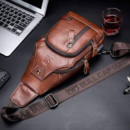 BULLCAPTAIN Leather Sling Bag Mens Chest Bag Casual Shoulder Crossbody Bags Travel Hiking Backpacks Daypack with USB Charging Port (Brown)