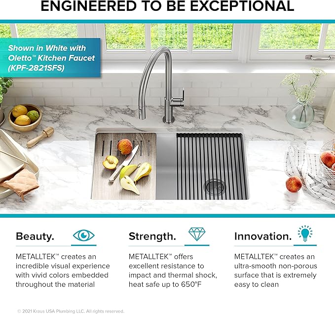 KRAUS Bellucci 32” in. Undermount Workstation Granite Kitchen Sink in Metallic Black with Accessories, KGUW2-33MBL