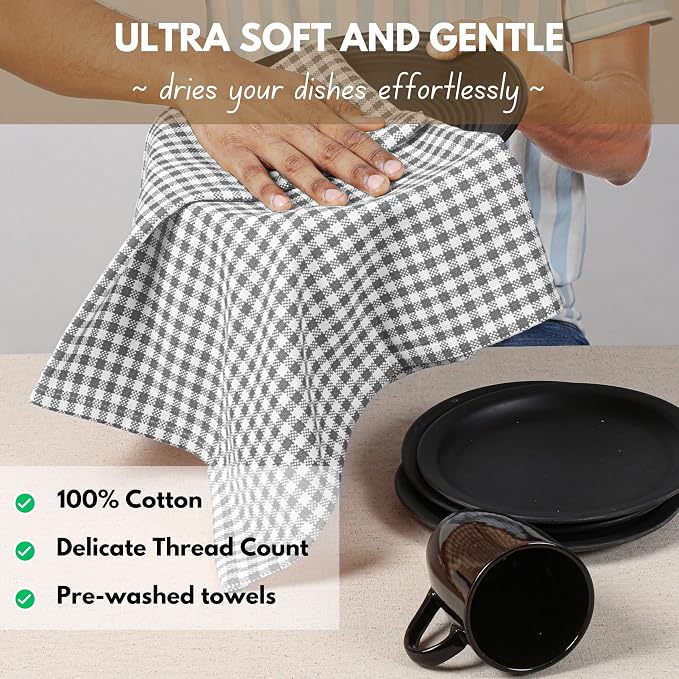 Native Fab Gingham Kitchen Towels 6 Pack, 100% Cotton 16x26 Inch, Absorbent & - Image 2