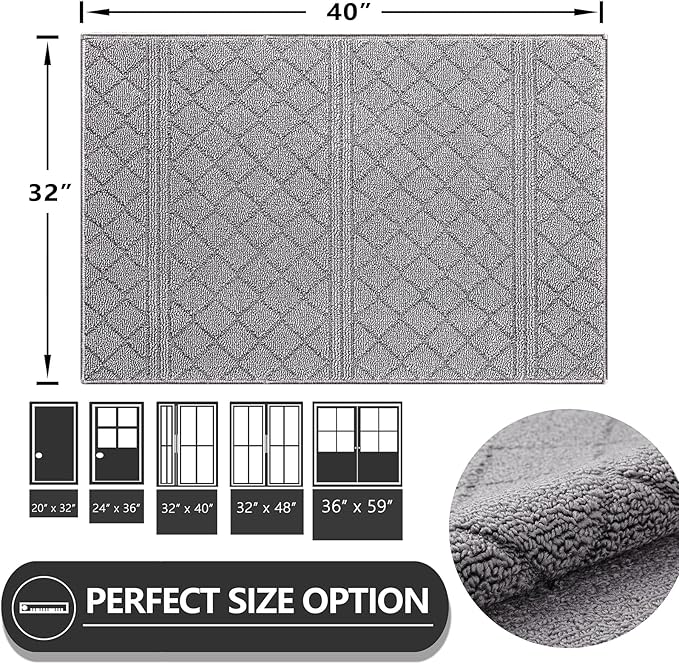REFETONE Indoor Doormat, Front Back Door Mat 32"x40" Absorbent Rubber Backing Non Slip Door Mats, Low-Profile Resist Dirt Rugs, Machine Washable Door Rug Inside Floor Mat for Entryway, Light Grey