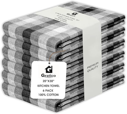 Kitchen Towels Set of 6 Black/White Checks 20x30 Inches 100% Cotton Highly by Gratico