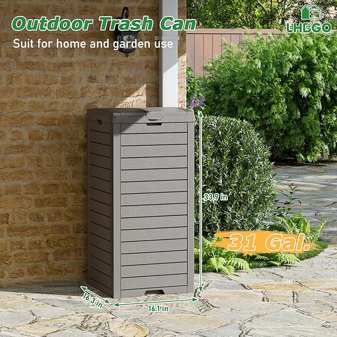 Outdoor Trash Can, 31 Gallon Garbage Can with Tiered Lid and Drip Tray, Waterproof Resin Patio Waste Bin for Garden, Backyard, Deck