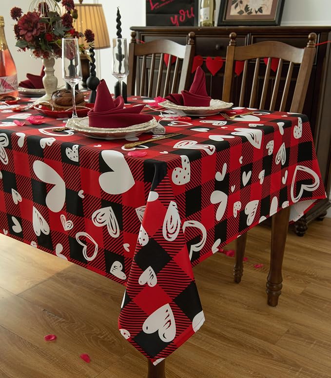 Red Waterproof Plaid Valentines’ Day Tablecloth Fabric - Image 2