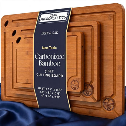 Pre-Oiled, Non Toxic 3-Piece Carbonized Bamboo Cutting Board Set, Eco-Friendly by DeerOak