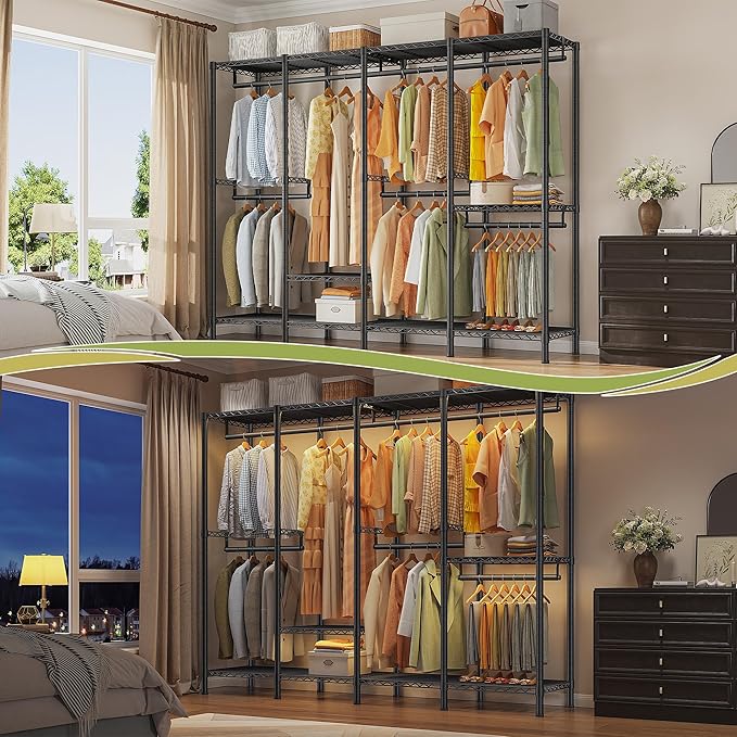 Raybee Heavy Duty Clothes Rack for Hanging Clothes,Clothing Rack with Shelves, Adjustable,76" W x 77" H x 18" D,Max Load 1150lbs,Black