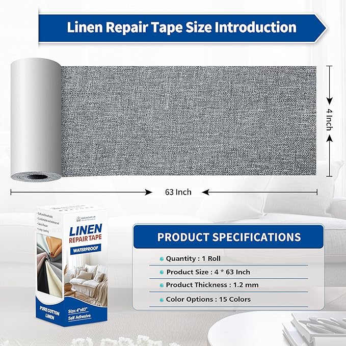KING MOUNTAIN Linen Repair Patches, Self-Adhesive Fabric Patches, 4 X 63 inch Extra Size, Multi Color, Can be Used for Sofa Repair and Linen Clothes Repair (Grey)