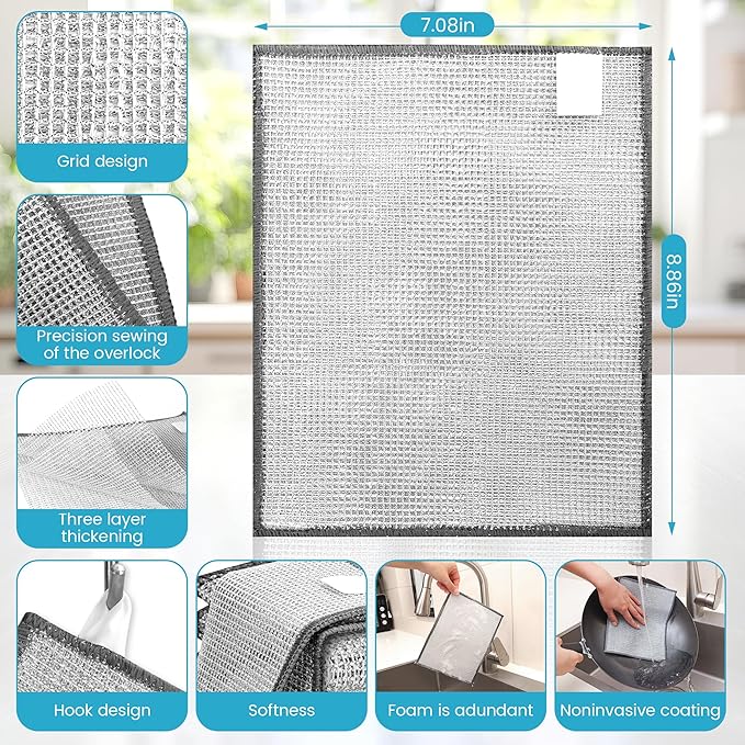 Forggon12 Pcs New Upgrade 3-Layer Metal Dish Cloth, No Scratches and No Odor, Multipurpose Wire Dishwashing Rag for Wet and Dry, Kitchen Cleaning DishRags,Sinks,Dishes,Stove Top, Dimensions(7.08X8.86)
