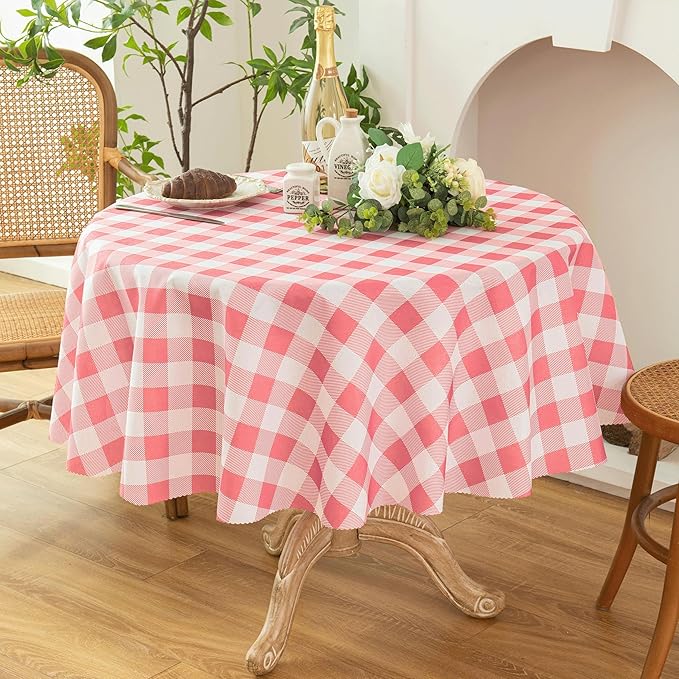 Waterproof Plaid Tablecloth Fabric - Round 50 Inch Classic Gingham Checker Table Cloth for Indoor/Outdoor Use - Buffalo Table Cover for Picnics, BBQs, and Parties
