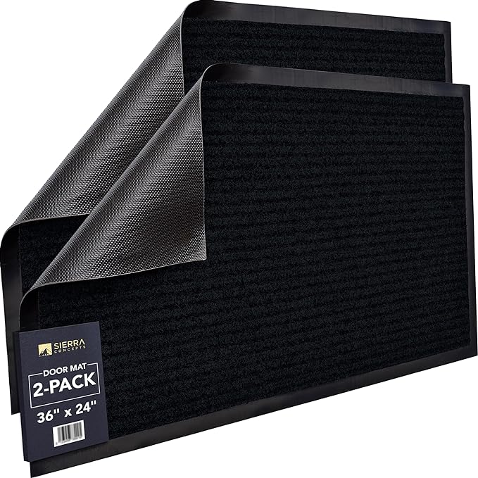 Sierra Concepts 2-Pack Front Door Mat - Large 36 x 24 Welcome Indoor Outdoor Entryway Mats for Shoe Scraper, Ideal for Inside Outside High Traffic Area, Black