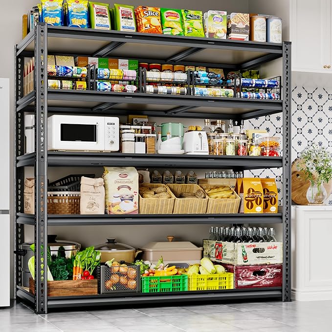 48"W Garage Shelving, 3050LBS Storage Shelves heavy duty, 5 Tier Metal Shelving Unit Adjustable Garage Shelves Heavy Duty Shelving for Warehouse,Commercial, Kitchen, 48" W × 18" D × 72" H, Black, 2PCS