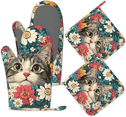 Cute Cat Oven Mitts and Pot Holders Set of 4, Blooming Colorful Flowers Kitchen by Unknown