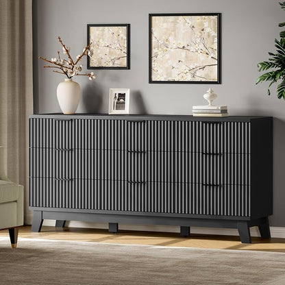 Fluted Dresser with 9 Drawers, Wooden Dresser TV Stand, Wood Closet Clothes - Image 3