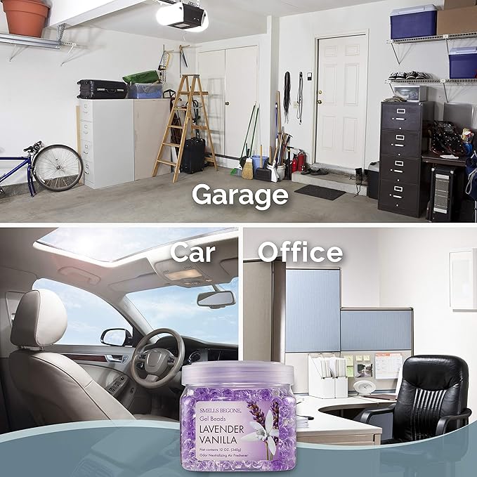 SMELLS BEGONE Odor Eliminator Gel Beads - Air Freshener - Eliminates Odor in Bathrooms, Cars, Boats, RVs & Pet Areas - Made with Essential Oils - Lavender Vanilla Scent - 12 Ounce