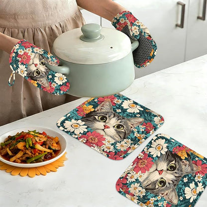 Cute Cat Oven Mitts and Pot Holders Set of 4, Blooming Colorful Flowers Kitchen - Image 7
