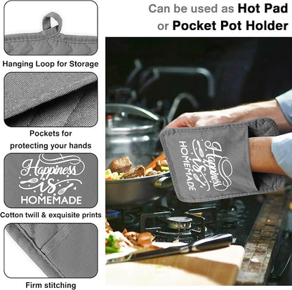 GROBRO7 6Pcs Cotton Oven Mitts and Pot Holders Set Happiness is Homemade Heat - Image 4