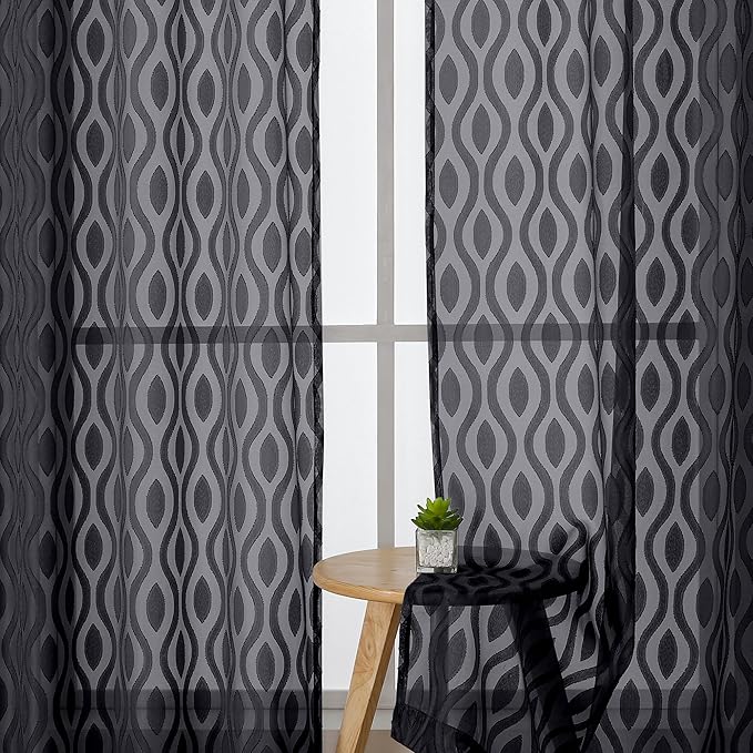 Aiyufeng Sheer Black Curtains 84 Inches Long 2 Panels, Solid Airy Light Filtering Clip Jacquard Window Treatments for Bedroom Living Room, Modern Wavy Line Rod Pocket Curtains, Total 80 inches Width