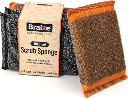 Heavy-Duty Steel Wool Scrubber Sponges 4 Pack – Stainless Steel Cleaning Pads by Braize