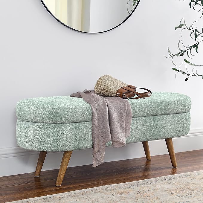 Storage Bench, 43" Storage Ottoman Bench, Shoe Storages Benches for Bedroom, Upholstered Entryway Benches with Seating, Rubber Wood Legs for Bedroom, Living Room, Entryway, Bed Side, Cyan