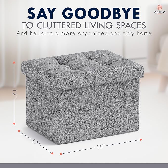Ornavo Home Small Storage Ottoman, Foldable Collapsible Rectangle Linen Ottoman - Image 2