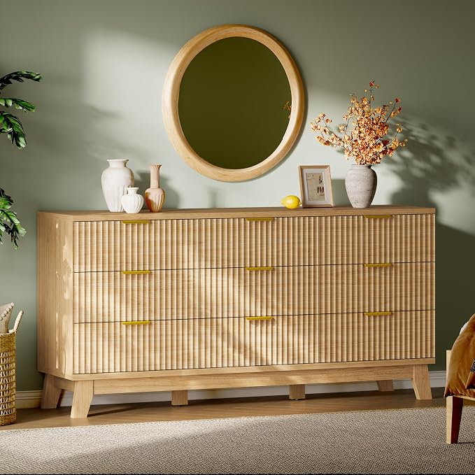 Fluted Dresser with 9 Drawers, Wooden Dresser TV Stand, Wood Closet Clothes by Xixini