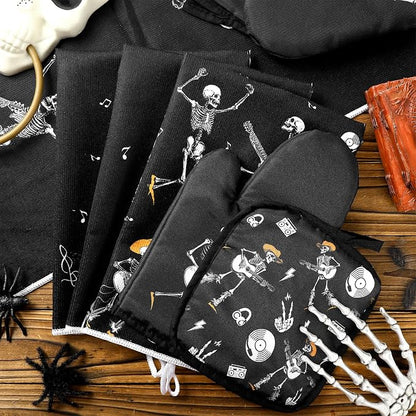 Leinuosen 8 Pcs Skull Kitchen Decor Set Kitchen Towels Gothic Oven Mitts and - Image 7
