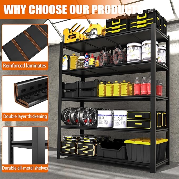 84“H Garage Shelving Heavy Duty Storage Shelves 3000 LBS Adjustable 5 Tier Metal Shelving Uints and Storage for Garage, Warehouse, Commercial, 48" W x 24" D x 84" H, 4 Packs
