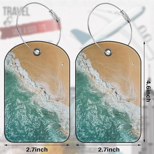 2 PCS Leather Luggage Tag for Suitcase Sea Waves and Sand Beach Scene Travel Suitcase Labels with Privacy Name ID Label and Stainless Steel Loop for Adults Teens Travel Bag Labels Set