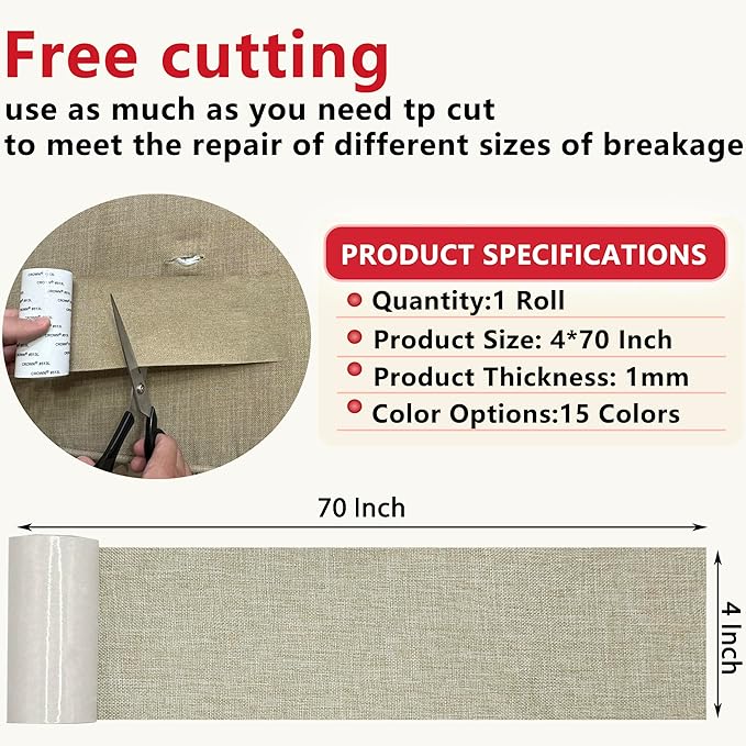 Linen Repair Tape 4x70 Inch Self-Adhesive Couch Patch Repair Fabric Patch for Furniture,Sofas,Cushion,Chairs,Bags,Linen Goods(Oatmeal)