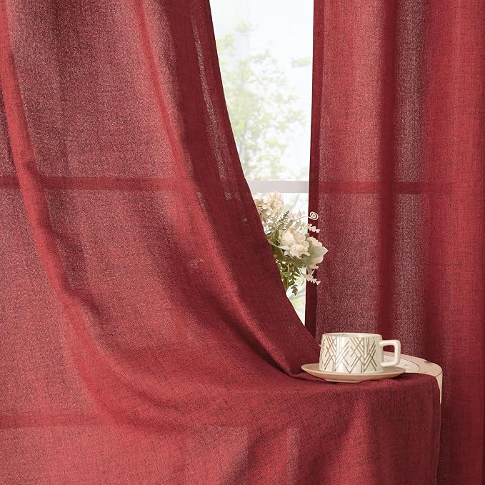 YoungsTex Red Linen Semi Sheer Curtains 72 Inch Length - Image 3