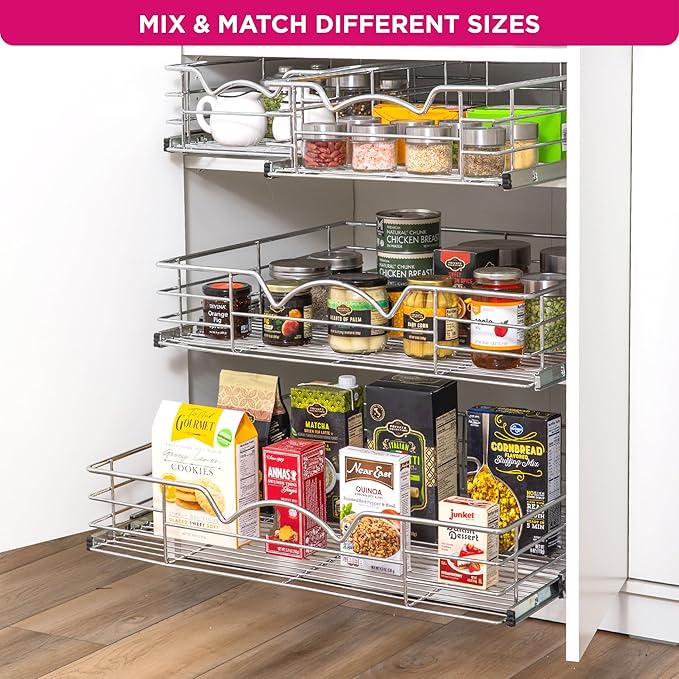 HOLDN’ STORAGE Heavy-Duty Premium Collection Pull Out Cabinet Organizer, Cabinet Drawer Slide Outs, Lifetime Limited Warranty - Basket Size 26" W x 21" D x 5" H, Anti-Rust Chrome Finish