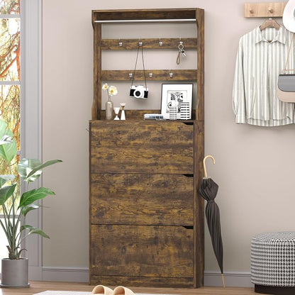 Shoe Cabinet with 3 Flip Drawers & Coat Rack, Narrow Hidden Shoe Storage Cabinet - Image 3