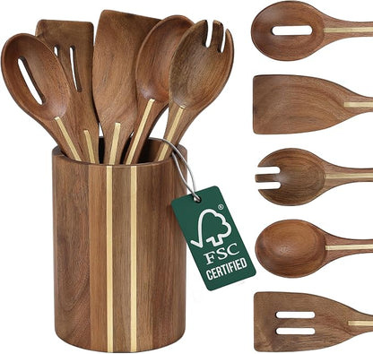 Acacia Utensil Set of 5 with Holder – Premium Wooden Cooking Utensils, Eco by Boxikikitchen