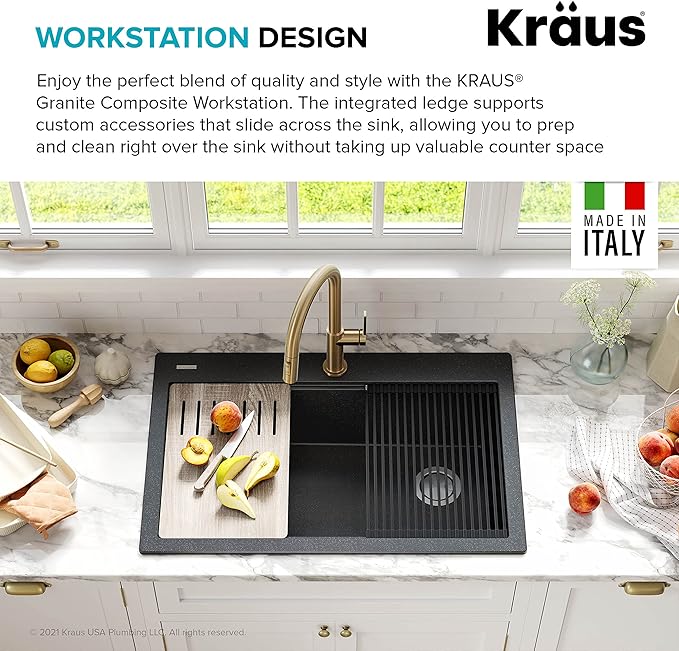 KRAUS Bellucci Workstation 33" Single Bowl Granite Kitchen Sink in Metallic Black w/Accessories, KGTW2-33MBL, Includes Dish Drainer/Dish Drying Rack