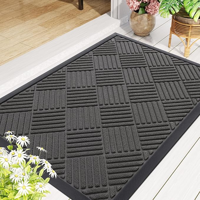 Smiry Front Door Mat Outside Entrance, Heavy Duty Outdoor Indoor Natural Rubber Doormat, Non Slip, Trap Dirt and Moisture, Easy Clean, Low Profile Patio Porch Entryway Mat, 59x20, Grey