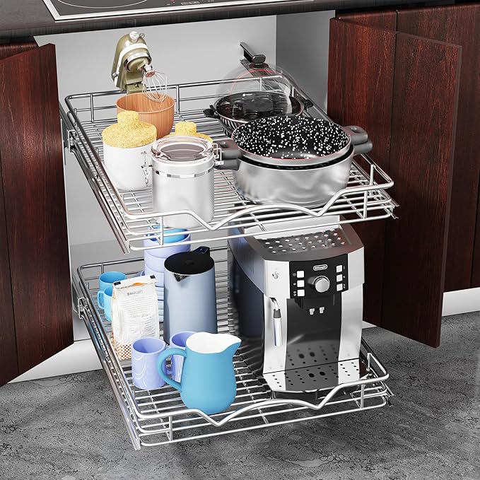 HOLDN’ STORAGE Two Tier Pull Out Cabinet Organizer, Individual Sliding Drawers - Heavy Duty Metal with Lifetime Limited Warranty - Anti Rust Chrome Finish - 26" W x 21”D x 16.5" H
