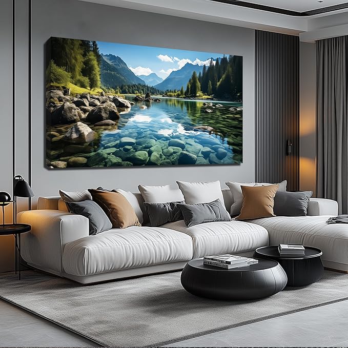 GUGIKA Landscape Wall Art for Living Room, Mountain and Lake Wall-Decor for Bedroom, Natural Scenery Canvas Prints Pictures for Hallway Office, Size 59 x 29 Inches
