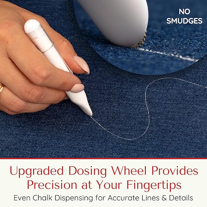 Fabric Markers for Sewing – Ergonomic Tailors Chalk Pen with Improved Dosing Wheel for Sharp Lines - Washable Sewing Chalk Marking Pens that are Compatible with Most Fabrics - White and Yellow 2 Pack